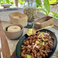 Sizzling tofu and mushrooms with plain rice   at PLNT+HRVST in El Nido