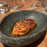 Tomato in various ways: ice cream, crumble, roasted and oil  at Wolfs Junge in Hamburg