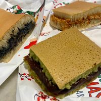 Black sesame, peanut, and red bean fillings (red bean in a green tea pancake) at Munchi Pancakes in Central Singapore