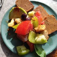 Panzarella salad (added avocado), and chickpea fritters at Zermatt Kitchen in Zermatt