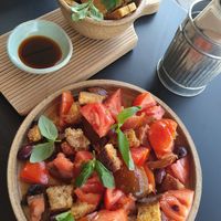 Panzarella salad, chickpea fritters at Zermatt Kitchen in Zermatt
