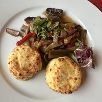Vegetarian: potatoes with cheese and grilled veggies. Both, side dishes.  at Hanul Bran in Brasov