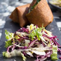 Breakfast wrap and coleslaw at Nama Artisan Raw Foods in West London