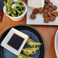 Some vegan tapas options: edamame, vegetable dumplings and falafel. at Noobai in Lisbon
