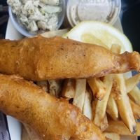 Fish and chips, the slaw was very good and fish was decent but oily for my liking at Oh My Cod - Vegan Seafood in Palm Coast