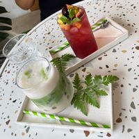 Oat matcha latte and a fruit tea   at 25s Cafe in Hoi An