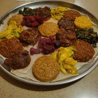 Cabbage, greens, beets, mushrooms, red lentils, split peas, chickpeas, and potatoes at Gojo Ethiopian in Nashville