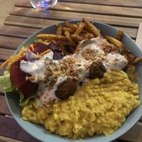 Delicious Dahl Curry plate + fries + salad  at Le Lapin Noir in Rennes