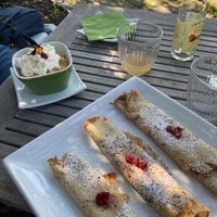 Sweet meals: Apple crumble and chocolate pancakes  at Jennys Æblehaven in Nexo