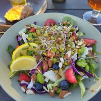 Beautiful, colourful and tasty salad. The bread roll was warm and very good. at Cafe Møller in Hirtshals