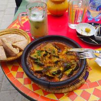 Eggplant tangine and lemon juice at Shyadma's Vegan Food in Essaouira
