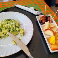 Cucumber salad with avocado and free appetizer at Shyadma's Vegan Food in Essaouira