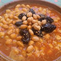 Tajine cheakpie, prunes and almonds at Shyadma's Vegan Food in Essaouira