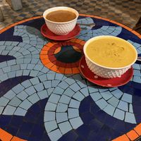 Bean soup on right, Moroccan harira soup left  at Shyadma's Vegan Food in Essaouira