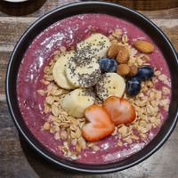Acai strawberry smoothie bowl at VEGANERIE Street - วงเวียนใหญ่ in Bangkok