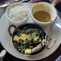Vegan lentil, soup and tofu with spinach plate  at Masala Waves in Huntington Beach