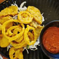 vegetable pakora with sauce at Elevant in Tallinn