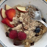 Vegan porridge — very tasty and generous portion (I could not finished). It looked so great when it arrived that I started eating immediately & only thought afterwards about phot at La Aldea Cafe Bar in Conil De La Frontera