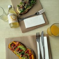 Caprase toast and hummus with mushrooms at La Aldea Cafe Bar in Conil De La Frontera