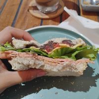 Sandwich (jamón, queso amarillo de soya, frijoles, jitomate y lechuga) at Santa Foodies in Mexico City