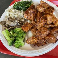 Regular plate with tofu, sprouts, watercress, mushrooms, broccoli  at Woo's Kitchen in California