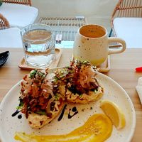 Mushroom croffle and Orange Thai latte with oat milk. at Kia Ora Café in Koh Phangan