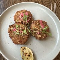 Vegan crab cakes made of mushrooms  at Blossom & Root Kitchen in Danville