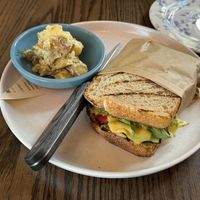 Pesto sandwich with potato salad. Yummy   at Blossom & Root Kitchen in Danville