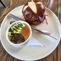 potato & leek soup paired with buffalo mushroom sandwich at Blossom & Root Kitchen in Danville