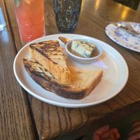 Sourdough bread with vegan honey and bleu cheese at Blossom & Root Kitchen in Danville