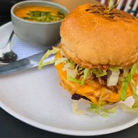 Smash burger with tomato soupq at Blossom & Root Kitchen in Danville