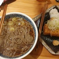 Vegetable soba noodles and grilled tofu at Gensoba Shingari in Tokyo