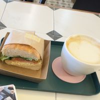 Oat milk latte and eggless sandwich   at Salon de Vegan in Seoul