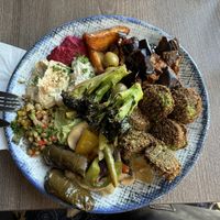 Selection of vegan food from the buffet.  at Hummus House  in Helsinki