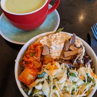 Salad bowl and a matcha latte at The Gallery Cafe in East London