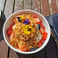 Fruit salad which looks amazing and tasted really good but I left hungry. at The Gallery Cafe in East London