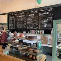 Pastry case and menu  at The Gallery Cafe in East London