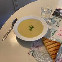 Potato and leek soup with toasty   at Rute Folkets Hus Café in Larbro