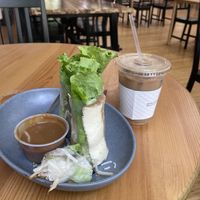 Vegan summer rolls and iced latte  at CrackleMi in Seattle