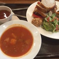 The lunch set with tempeh sandwhich, salad, two tiny pieces of the muffin of the day and some hot tea and soup!  at Pure Cafe in Tokyo