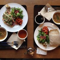 Brown rice&bean salad, pumpkin&peanut, mushrooms soup - Tofu sandwich  at Pure Cafe in Tokyo