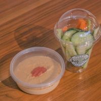 House made hummus with dipping veggies. Also baked whole wheat tortilla chips are available.  at Original ChopShop in Dallas