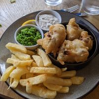 Cauliflower scampi, vegan tartar sauce. House cut chips. Mushy peas. at The Woodside in Doune