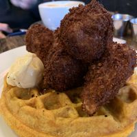 Chicken and waffles!!!!! at Timeless Coffee Roasters and Bakery in Oakland