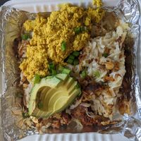 Loaded hash browns, soyrizo, vegan chipotle sausage, mushrooms, and tofu scramble. at Seven Mile Cafe in Denton