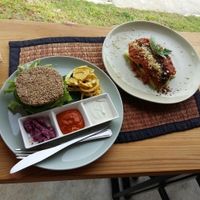 burger and lasagna at Atsumi Raw Cafe in Phuket