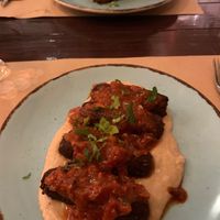 Soutzoukakia on smoked eggplant dip and musaka for bf   at Los V in Athens