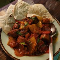 Spetsofai with beyond meat sausage at Los V in Athens