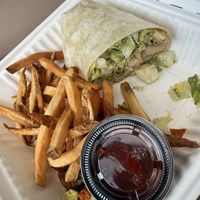 Vegan grilled chicken wrap with fries (I ate half before I took the pic)  at Eat in Springfield
