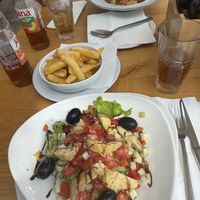 Greek salad (no feta added artichokes) and vegetable pasta  at Restaurant Mizarola in Hvar